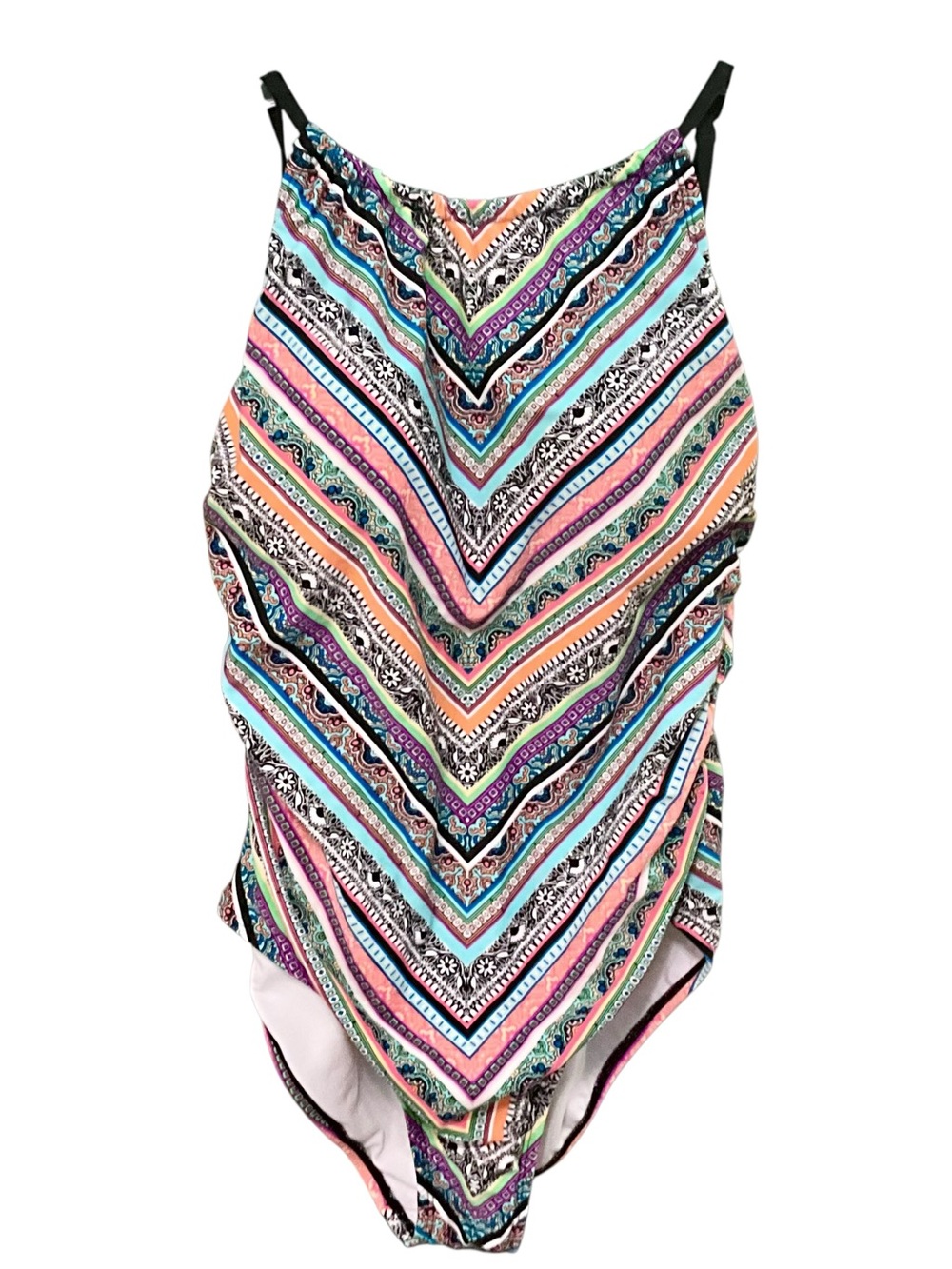Jantzen High Neck Multicolor Geo Tribal Stripe One-Piece Swimsuit